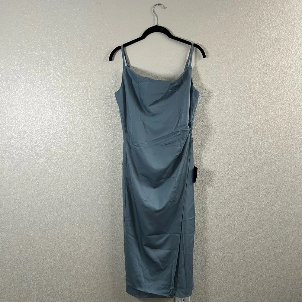 NWT Lulus Hollywood Woman Dusty Blue Satin Midi Dress MD - Picture 4 of 9